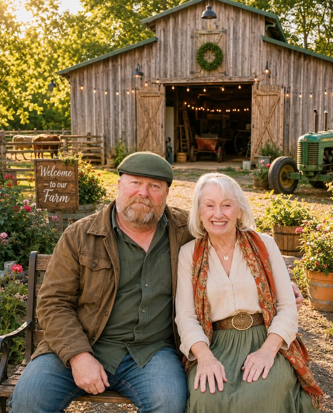Two people seated by a rustic country building