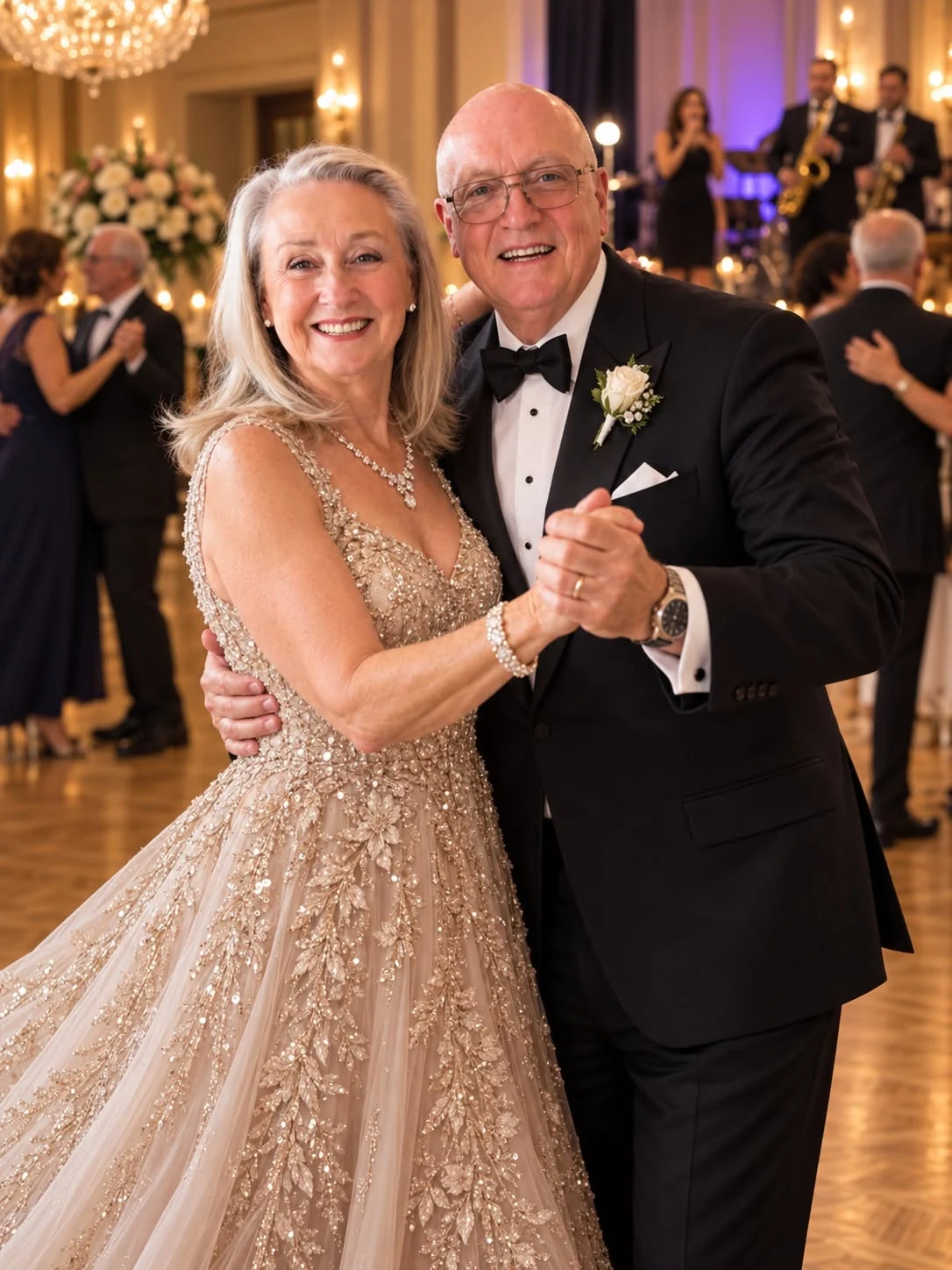 A warm commemorative image representing Brenda and George Gantt dancing together