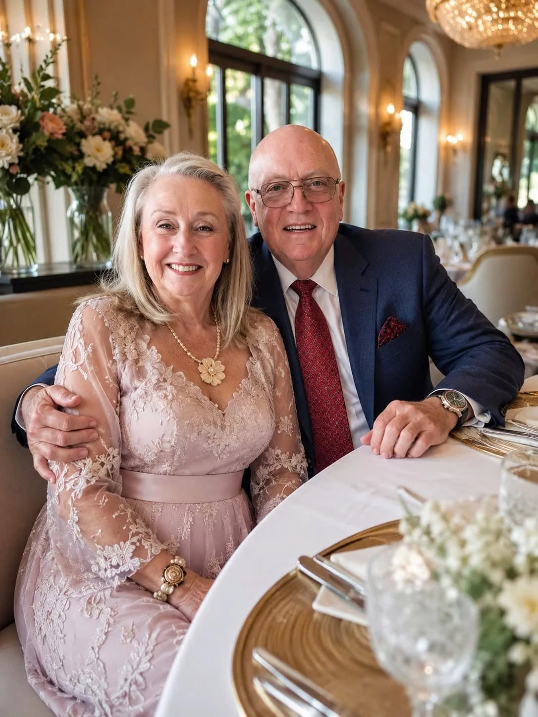 A commemorative formal portrait representing a long-married couple celebrating together