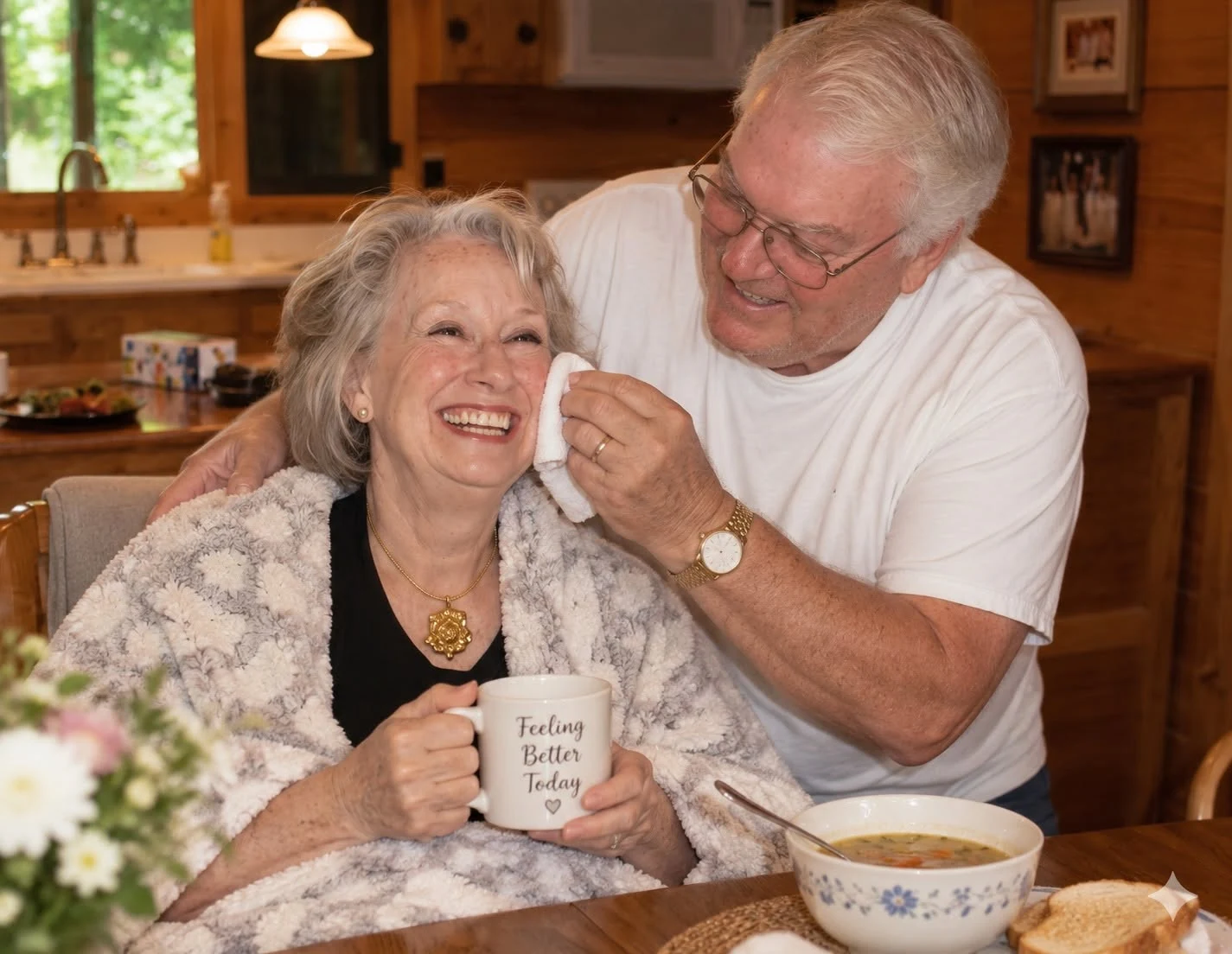A warm commemorative kitchen scene of an older couple sharing a tender moment