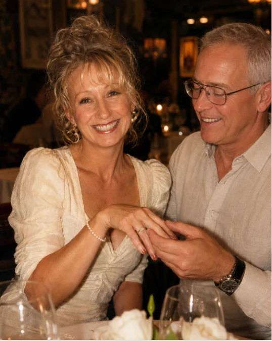 A warm commemorative image of a couple sharing an affectionate moment at dinner
