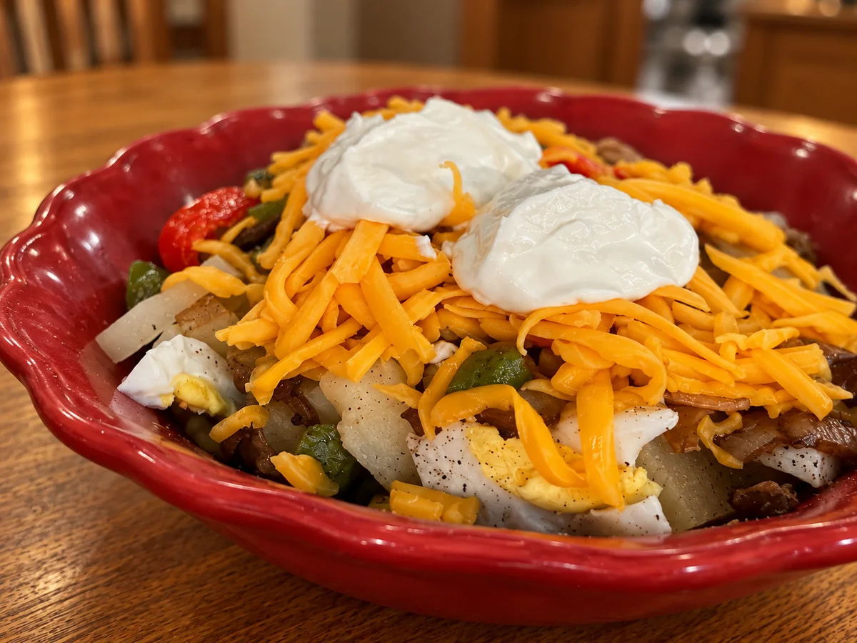 Potatoes and generous toppings in close-up — AI illustration.