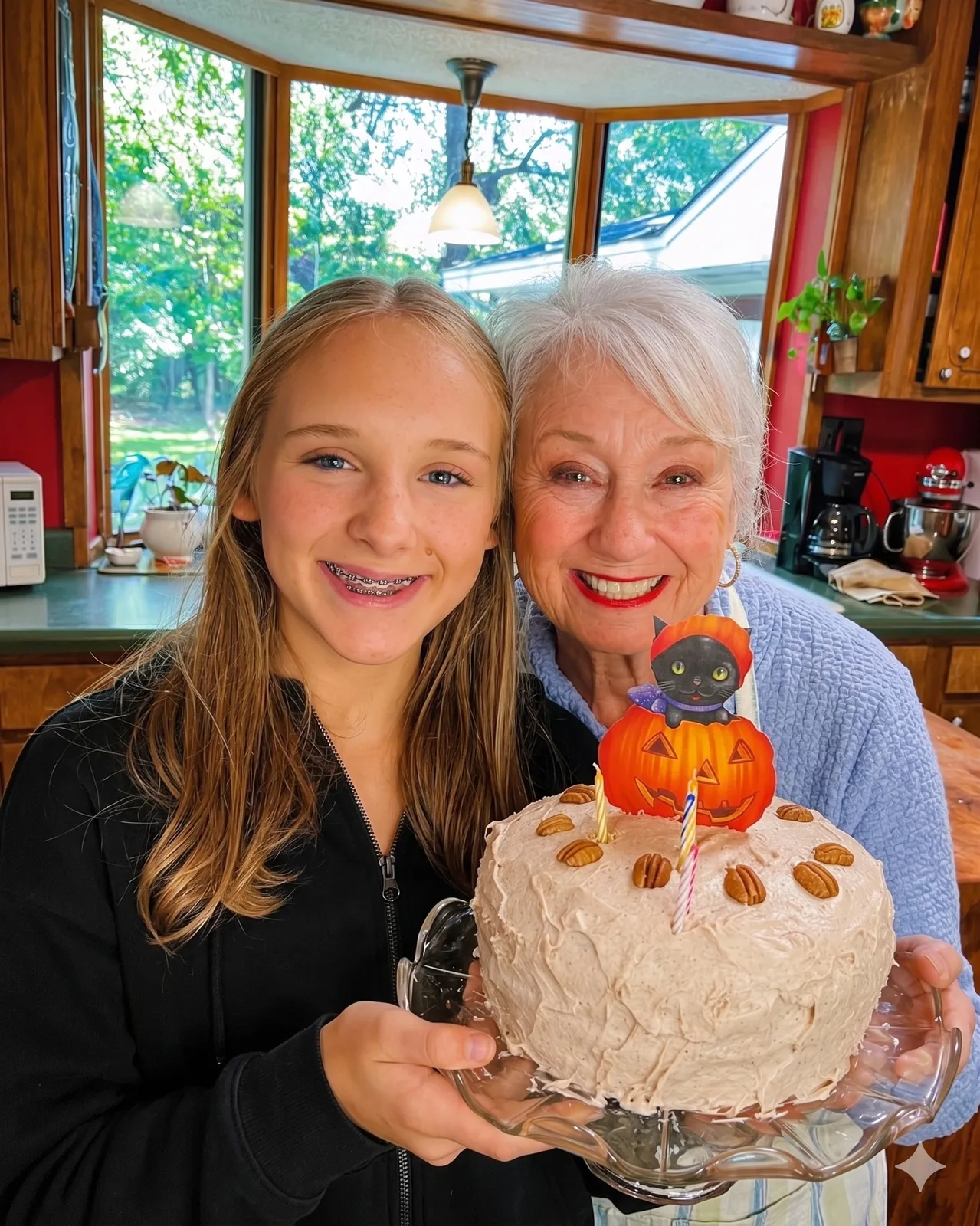 Brenda and a younger family member smiling together while holding a homemade birthday cake