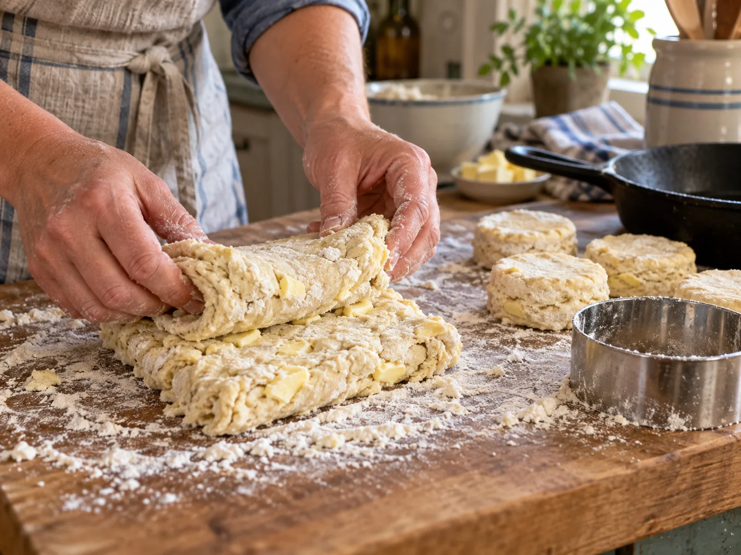 Shaggy biscuit dough being gently folded to create flaky layers