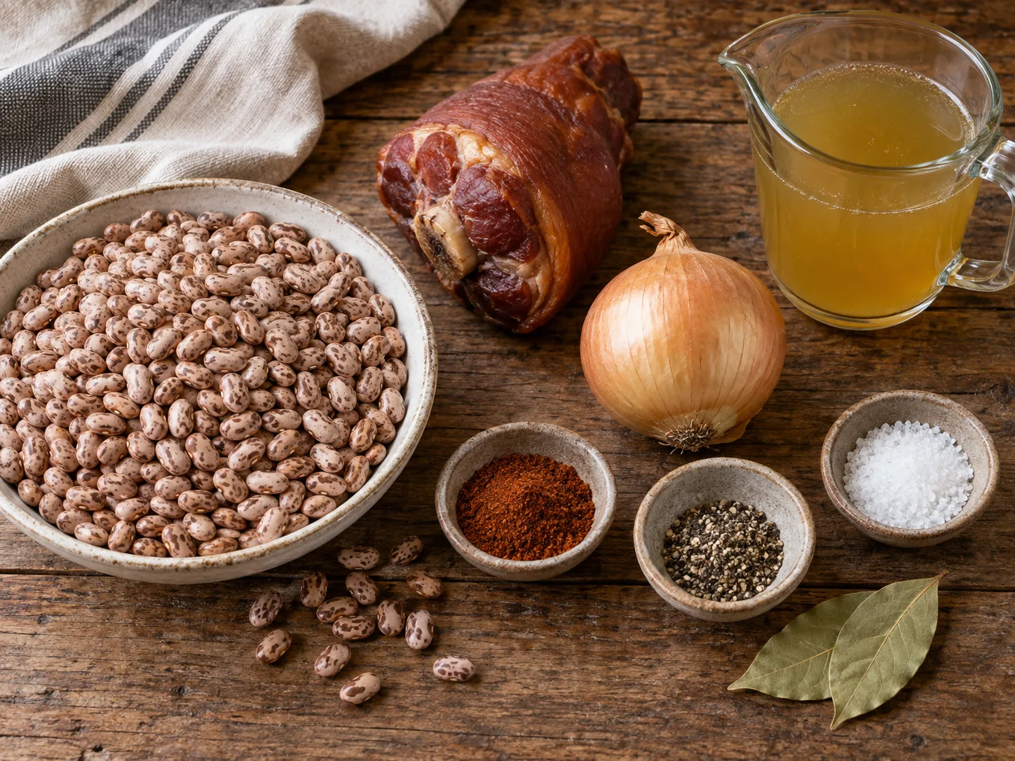 Dry pinto beans, smoked ham hock, onion, broth and seasonings