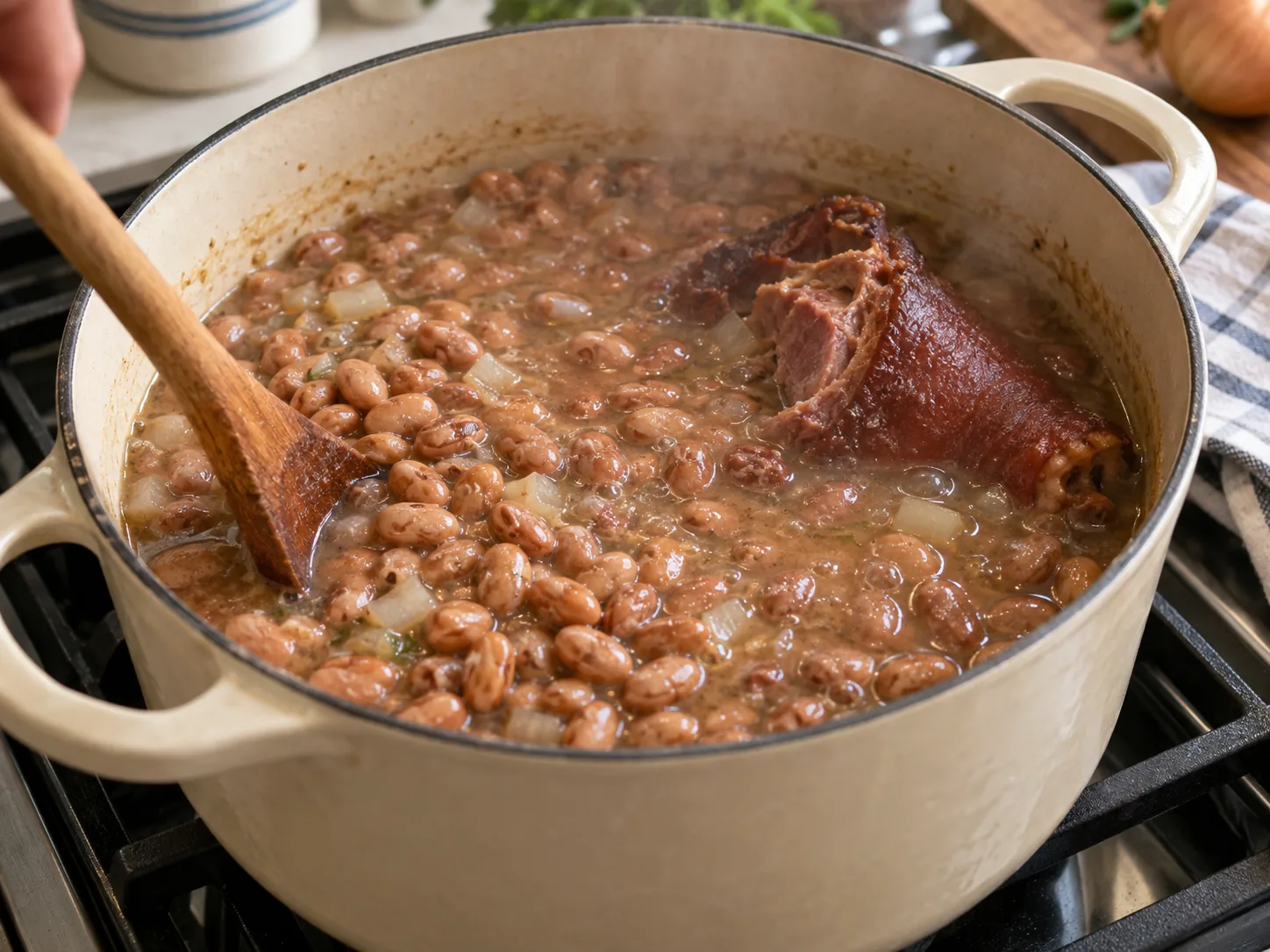 Pinto beans and ham hock gently simmering in a Dutch oven
