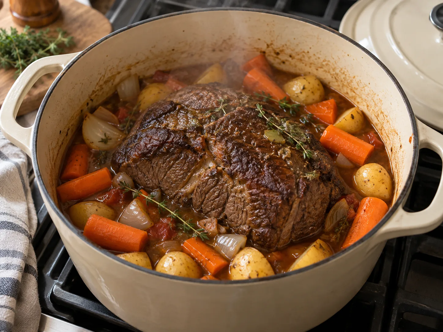 Pot roast braising with carrots, potatoes and onion