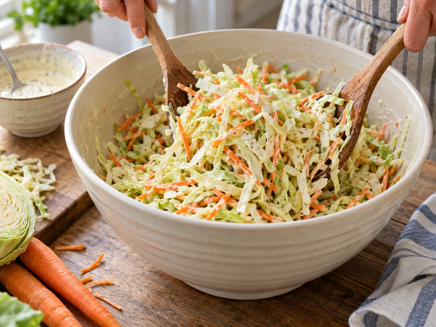 Shredded cabbage and carrot being tossed with dressing