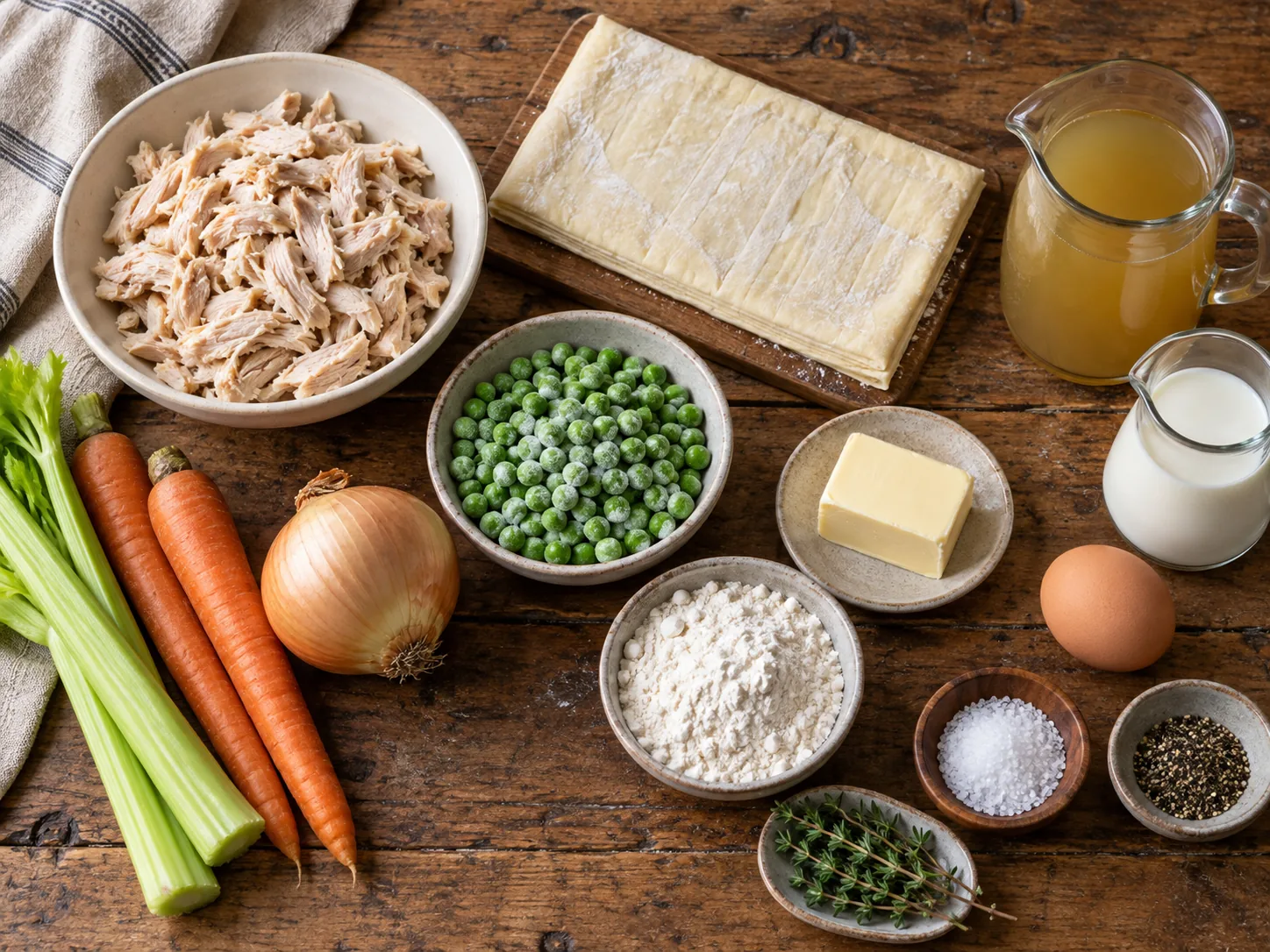 Chicken pot pie ingredients arranged before cooking