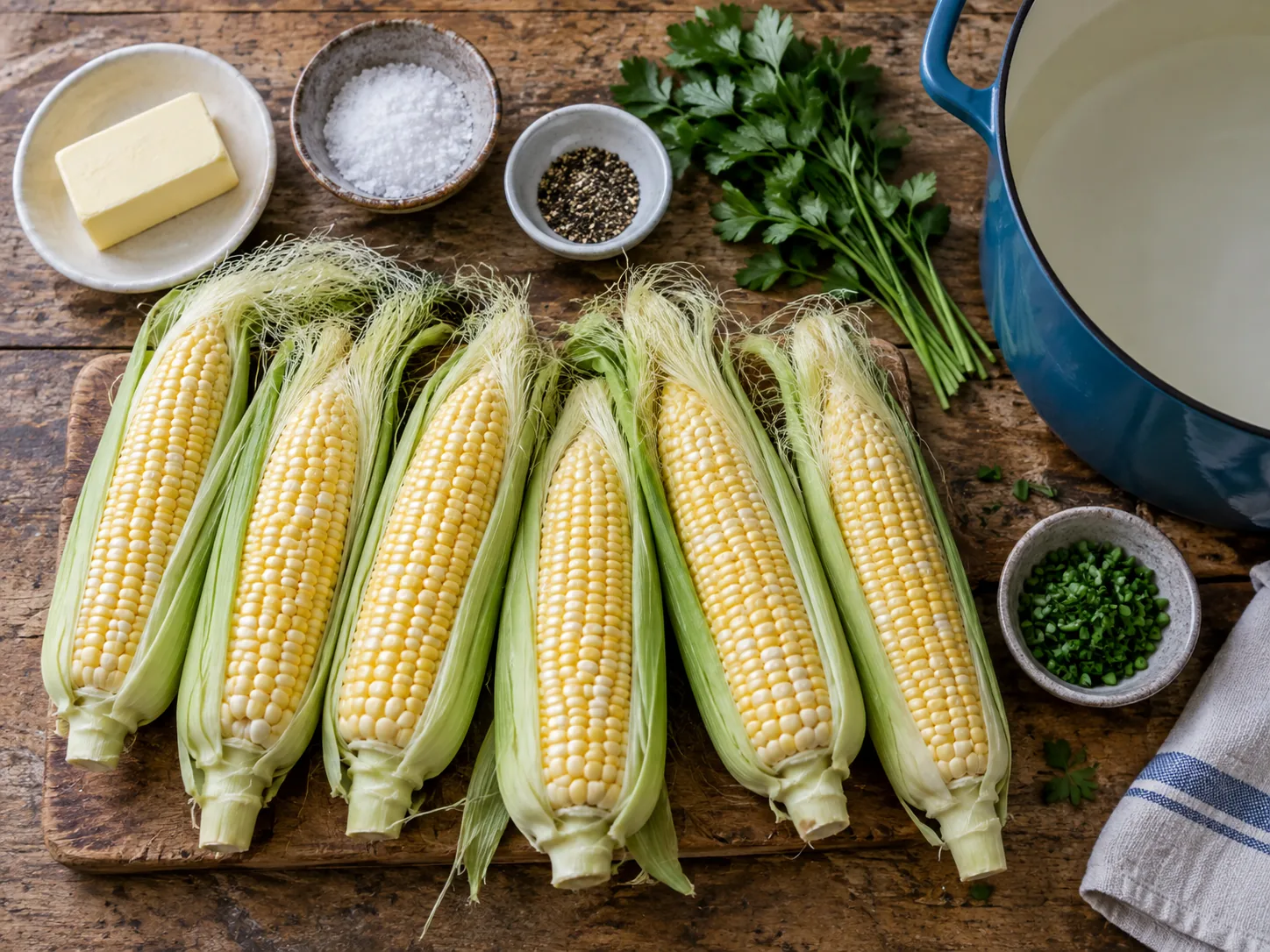 Fresh corn, butter, salt, pepper and herbs before cooking
