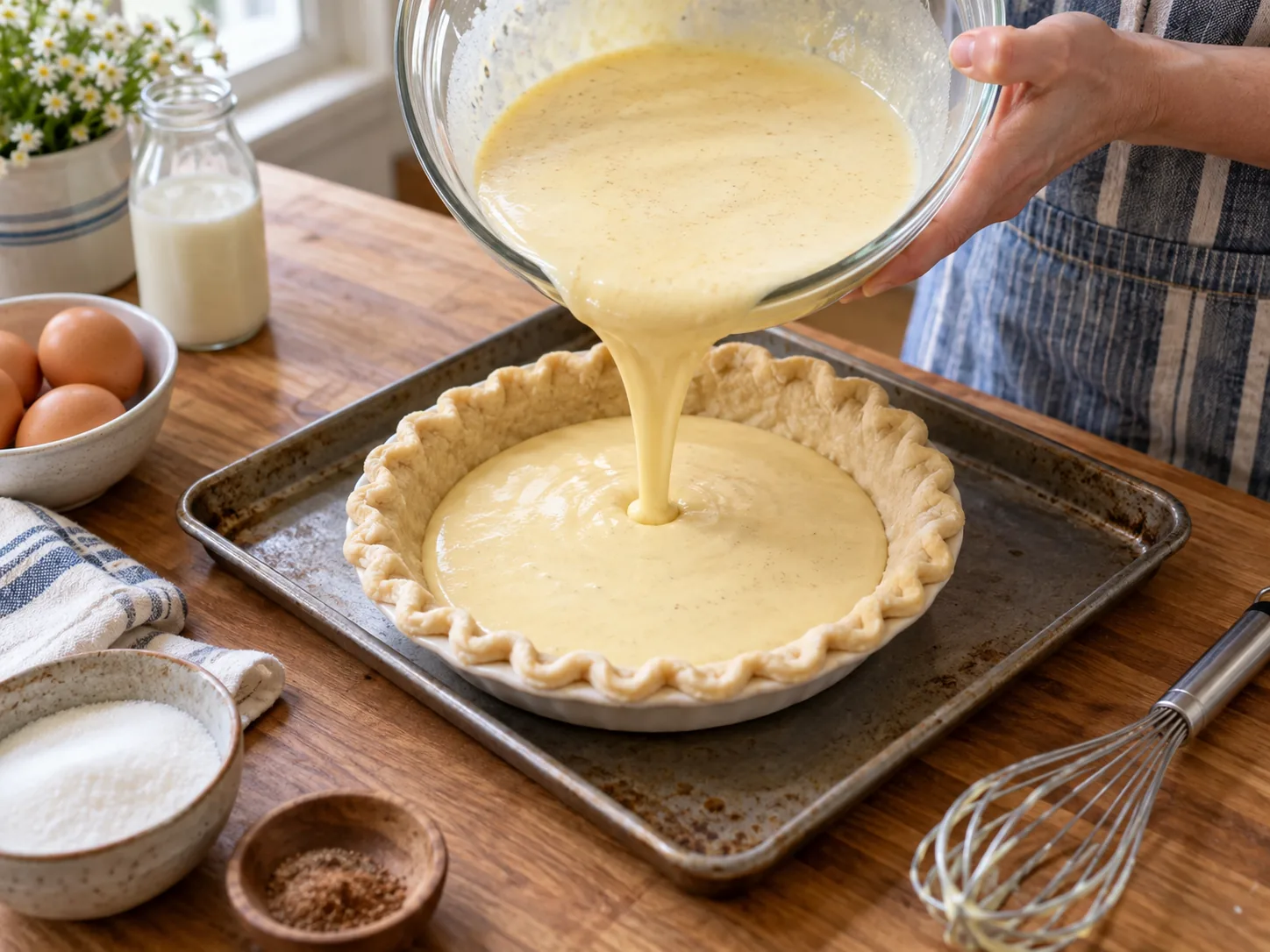 Pouring buttermilk custard into an unbaked pie shell