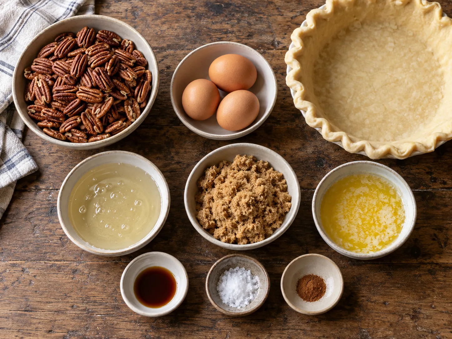 Pecan pie ingredients arranged before baking