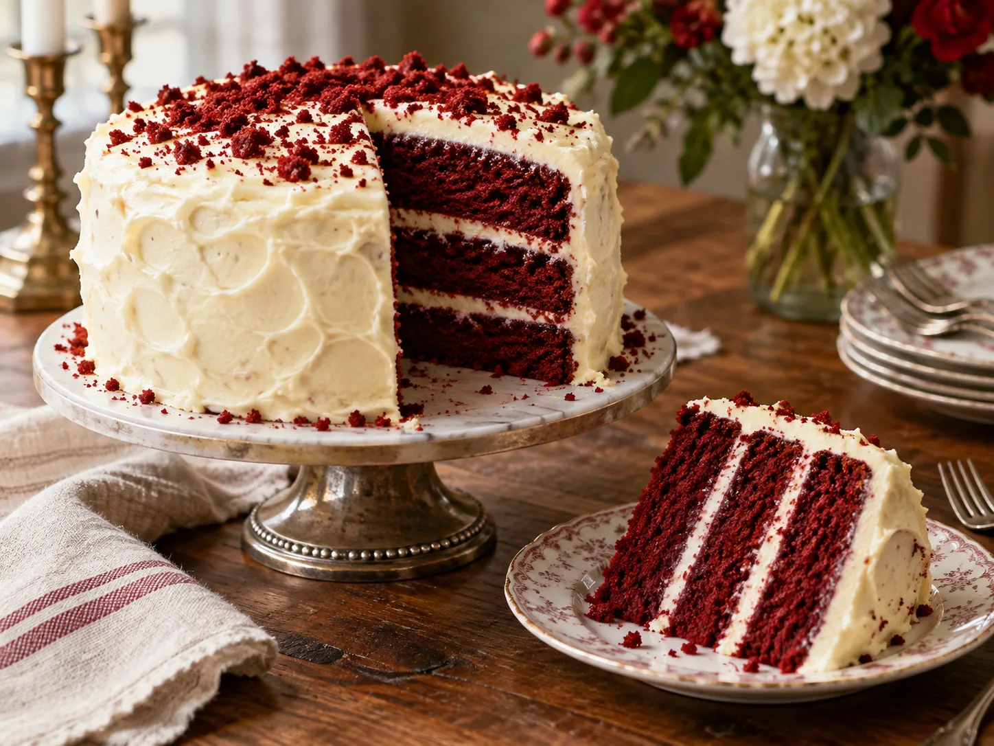 Southern red velvet layer cake with cream cheese frosting
