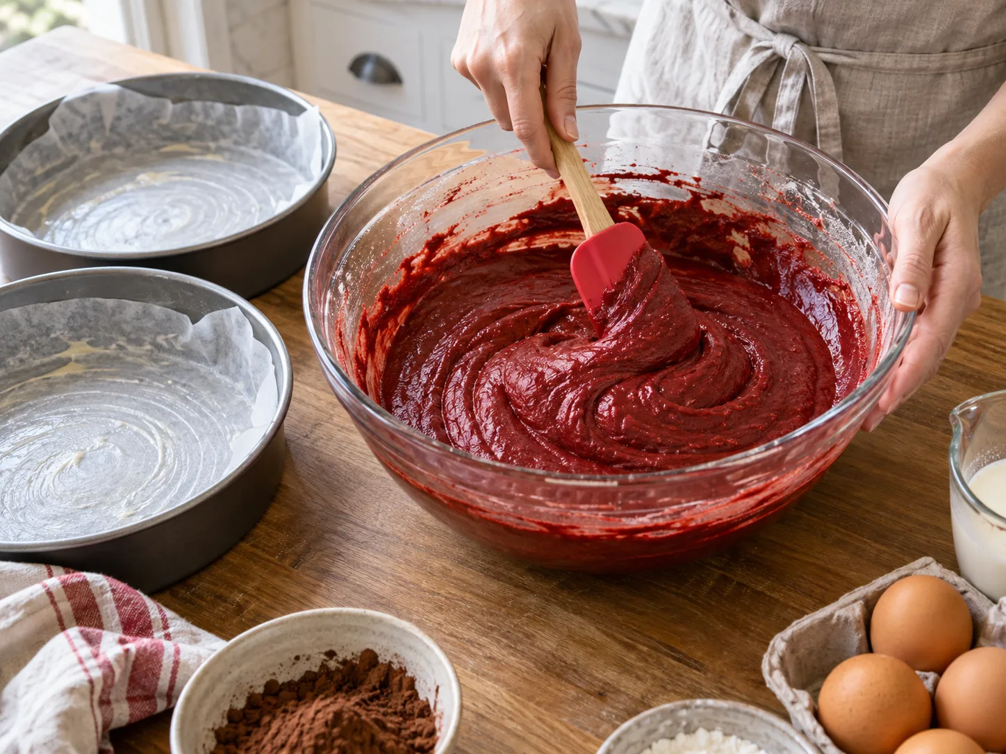 Folding deep red velvet cake batter before baking