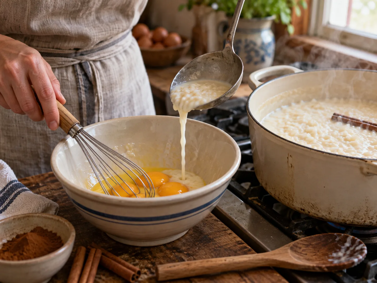 Tempering egg yolks with hot creamy rice mixture during cooking