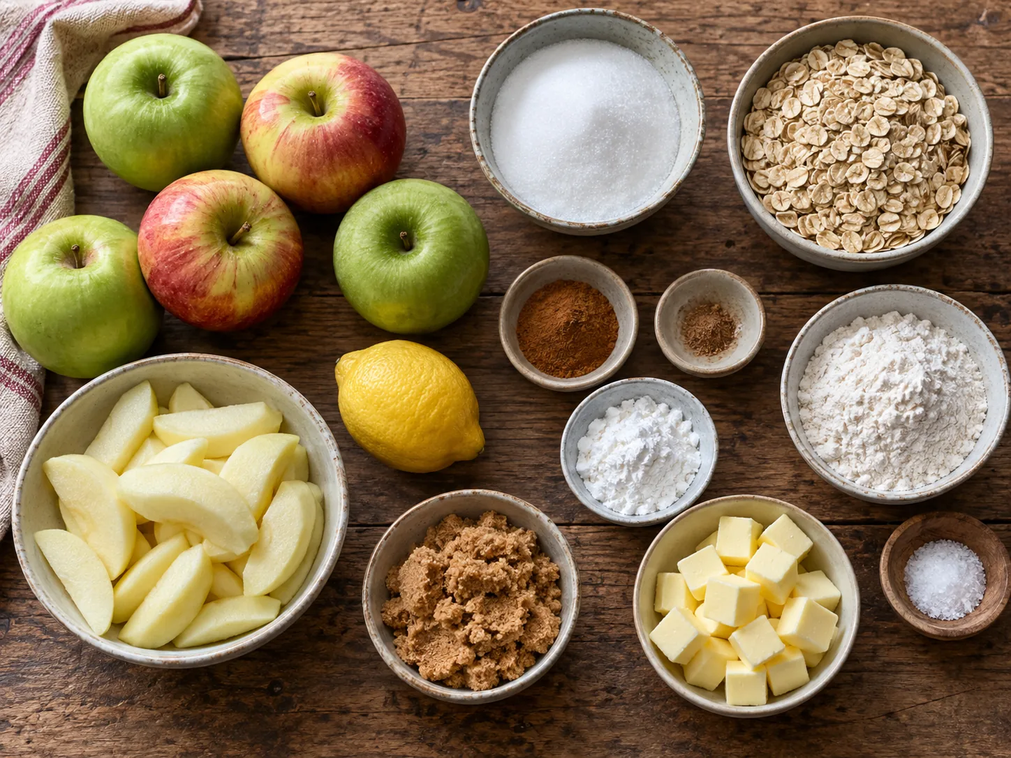 Measured apples oats flour sugar spices and butter for apple crisp