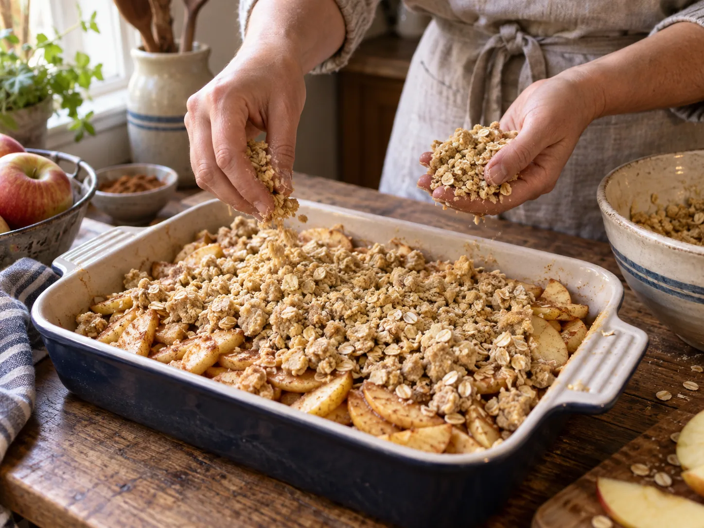 Buttery oat crumble being scattered over cinnamon apples