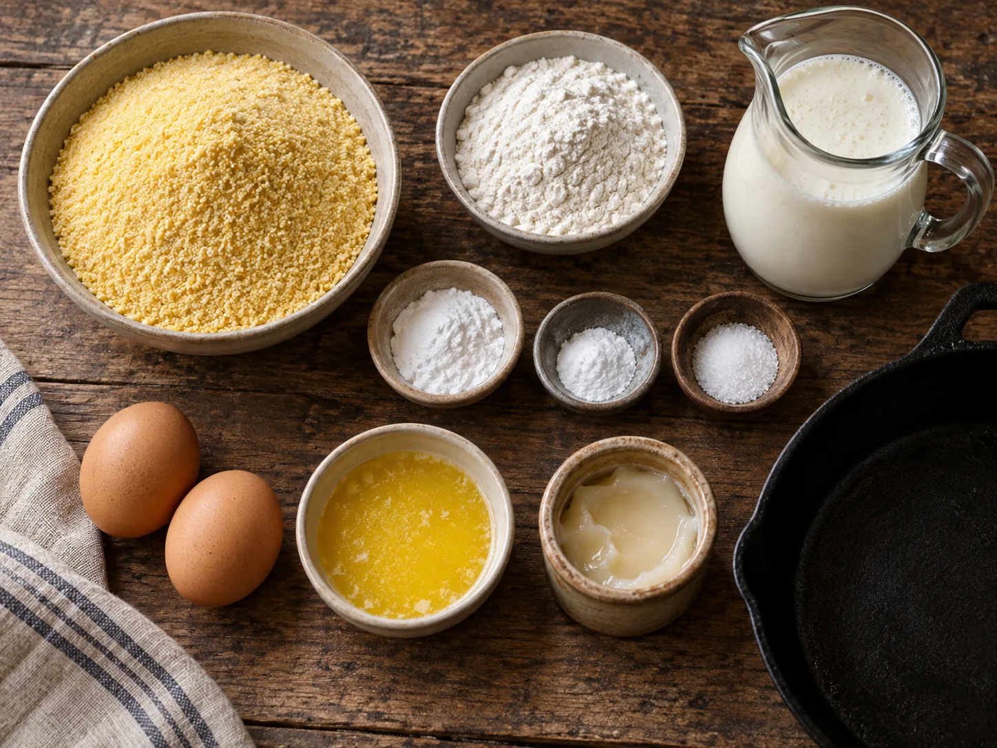 Cornmeal flour buttermilk eggs fat and cast iron skillet