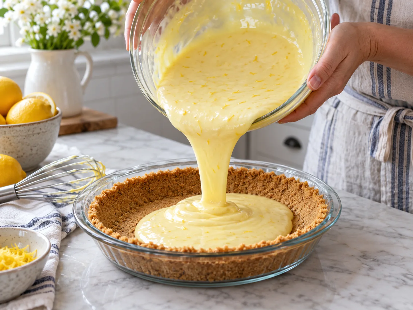 Lemon filling poured into a homemade graham cracker crust